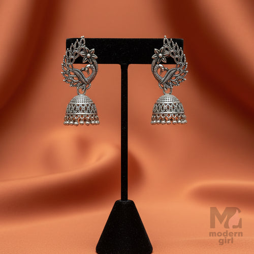 Peacock Oxidised Silver Jhumka