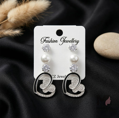 Luxury Heart Drop & Pearl CZ Earrings Combo