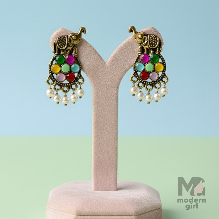 Elephant Motif Navratna Pearl Drop Earrings – German Silver