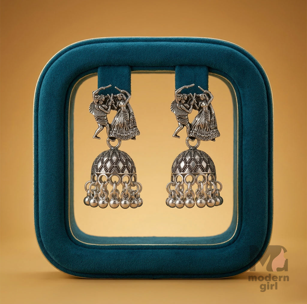 Traditional Dancing Couple Oxidised Jhumka Earrings