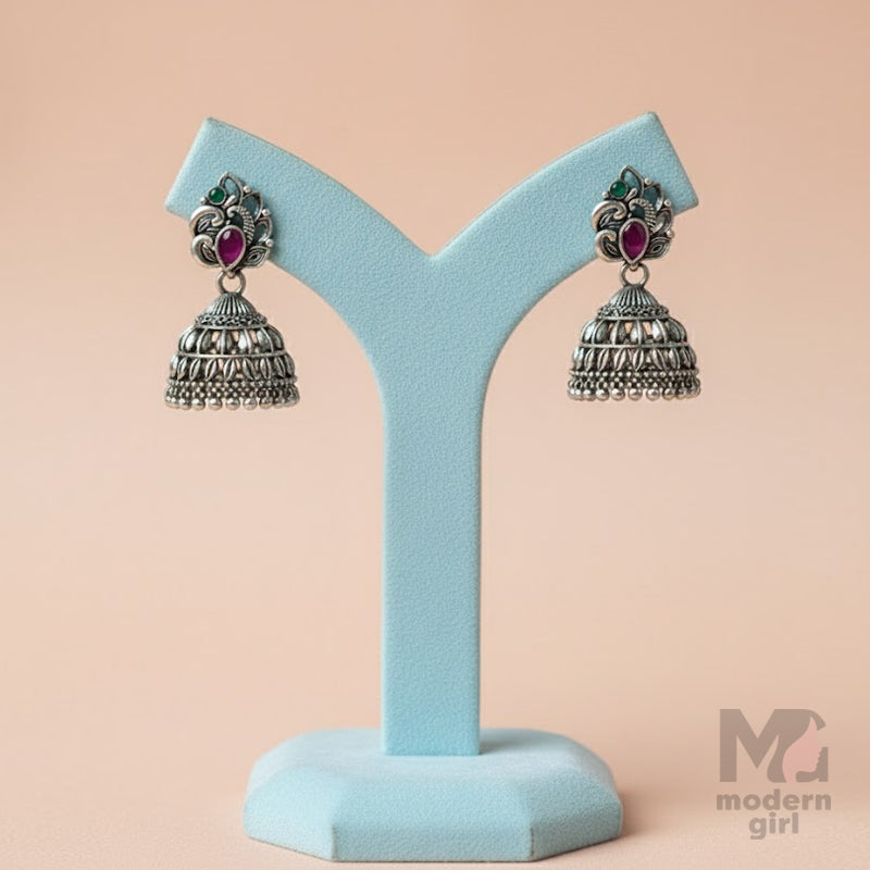 Oxidized Peacock Jhumka with Ruby Pink & Green Stone