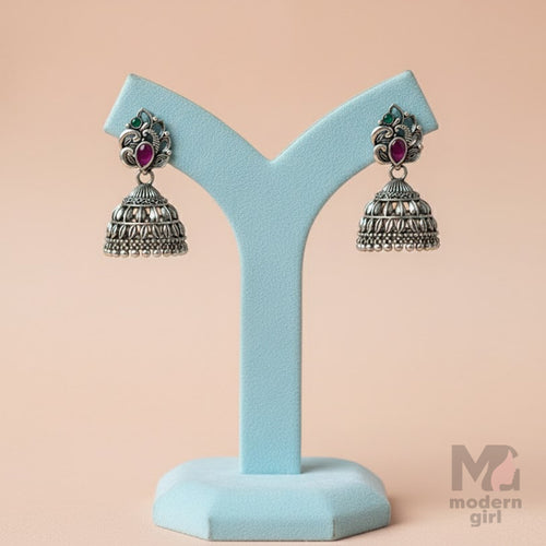 Oxidized Peacock Jhumka with Ruby Pink & Green Stone