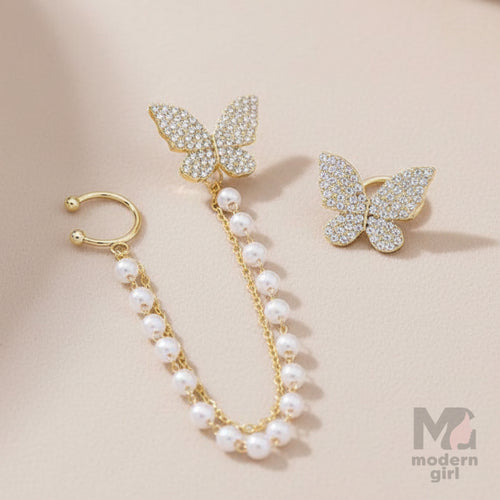 Golden Butterfly Stud Earring with Pearl Chain – Stylish Party Wear Jewelry