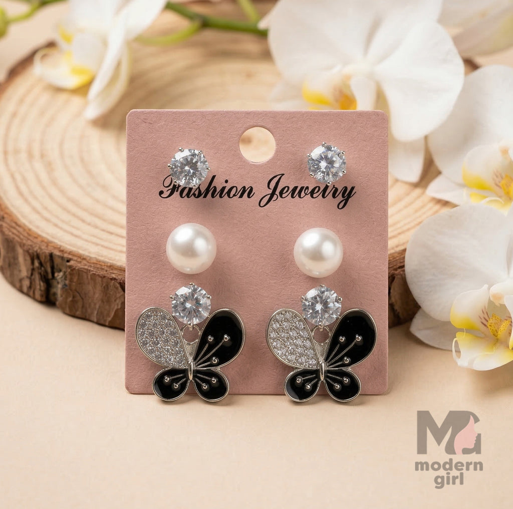 Butterfly Pearl CZ Silver Earrings