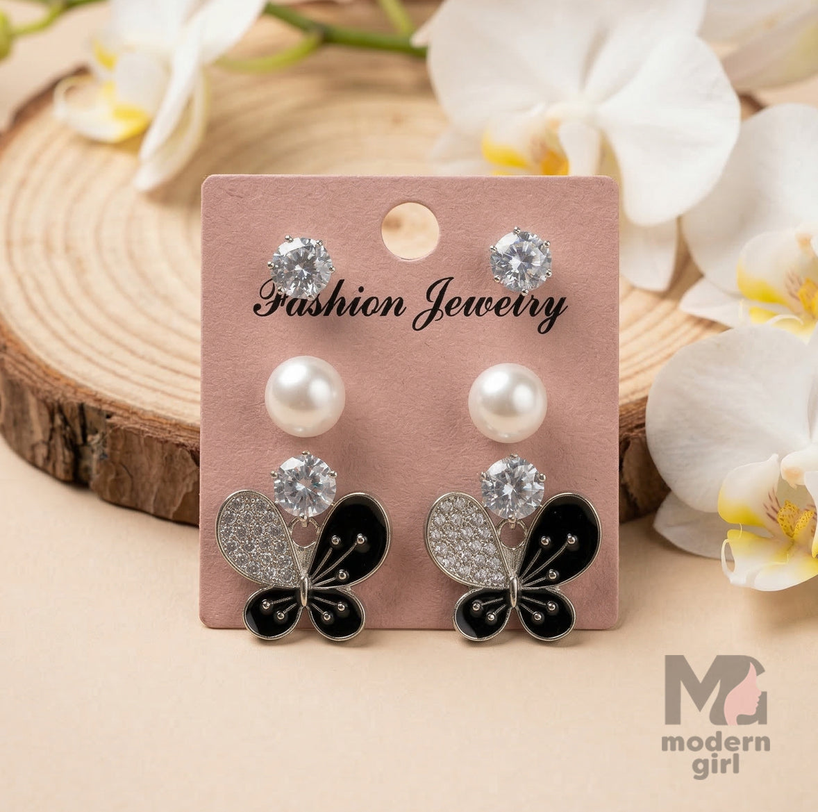 Butterfly Pearl CZ Silver Earrings