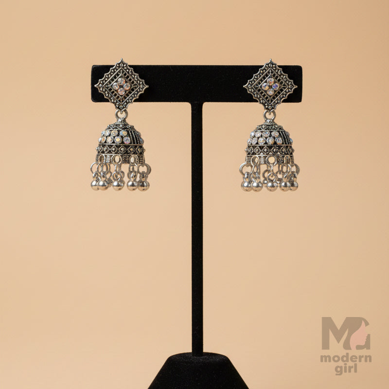 Stone Studded Oxidised Jhumka Earrings