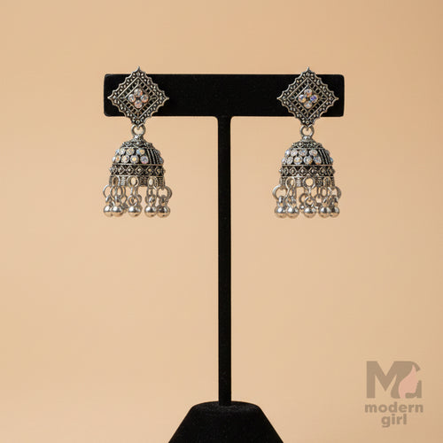Stone Studded Oxidised Jhumka Earrings