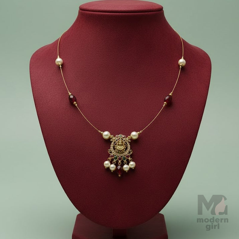 Temple Lakshmi Invisible Chain Necklace  - Multi-Color Stones