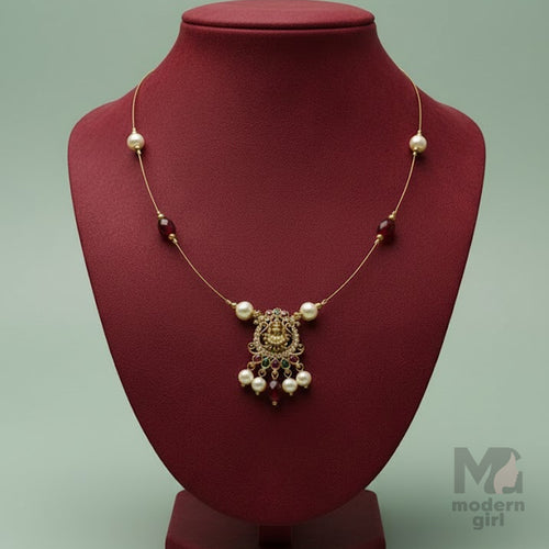 Temple Lakshmi Invisible Chain Necklace  - Multi-Color Stones