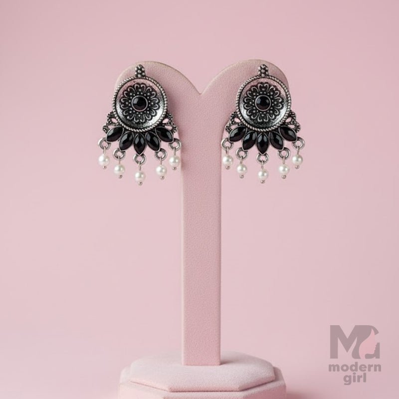 Black Stone German Silver Earrings