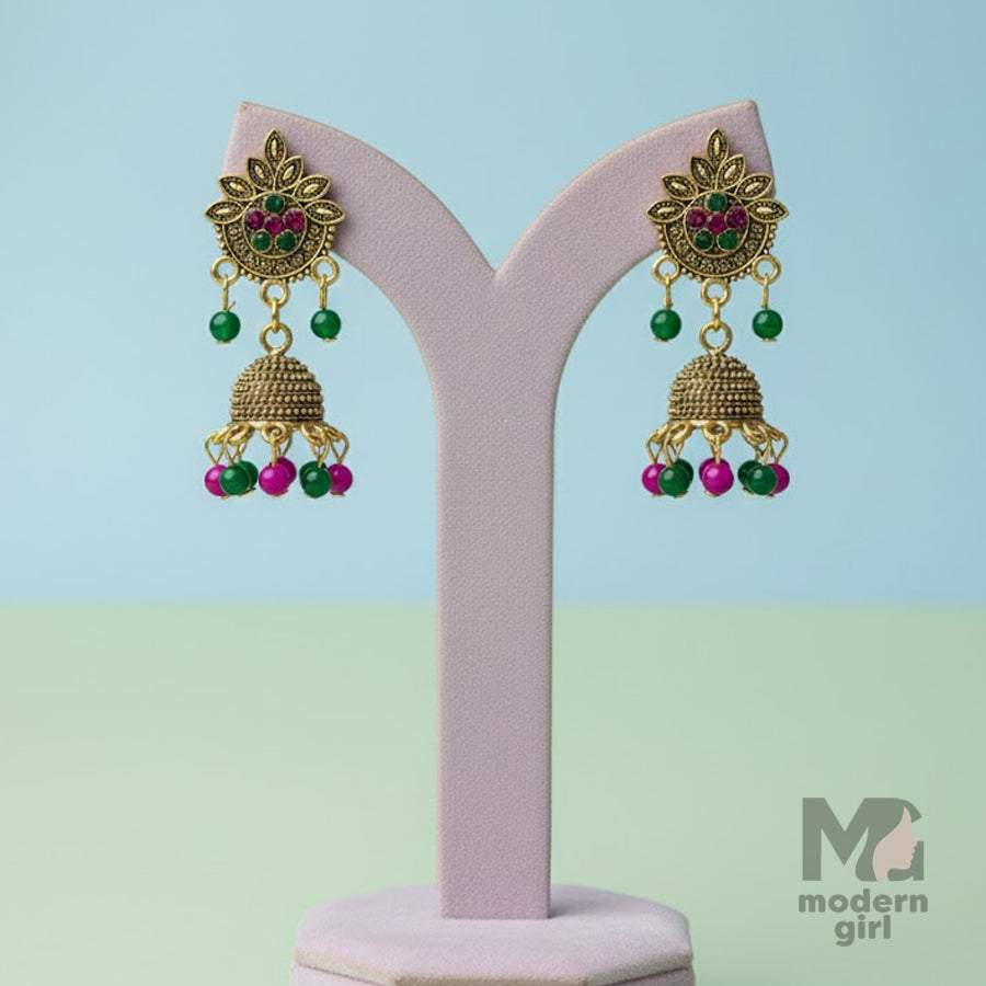 Antique Floral Jhumka Earrings with Green & Pink Beads