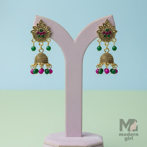 Antique Floral Jhumka Earrings with Green & Pink Beads