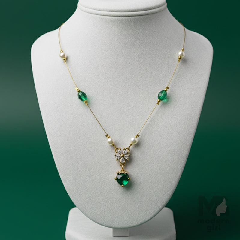 Invisible Chain Necklace with Green Pendant & Pearls