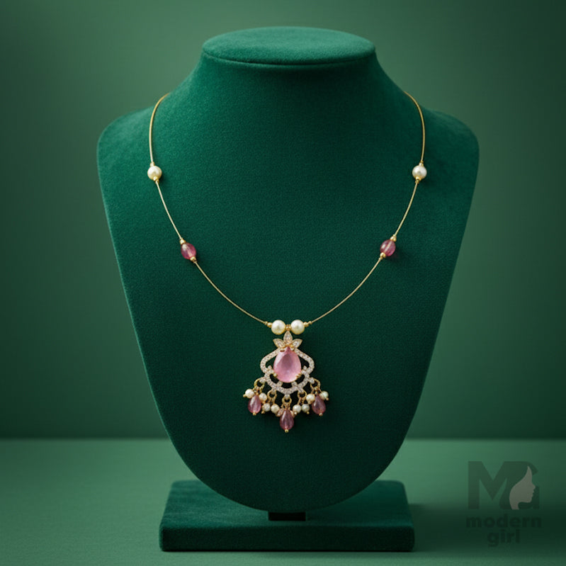 Invisible Chain Necklace with Pink Stone & Pearl Drops