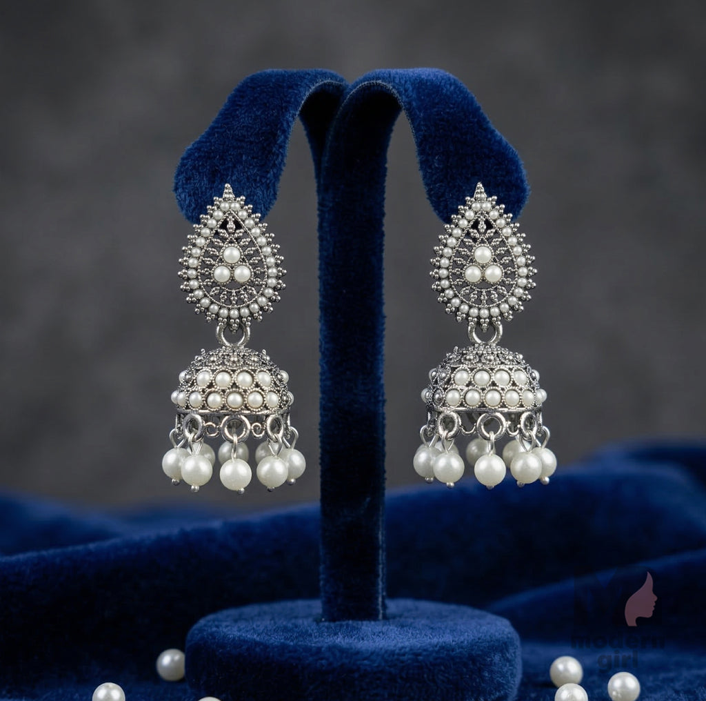 Pearl Studded Oxidized Silver Jhumka Earrings for Women