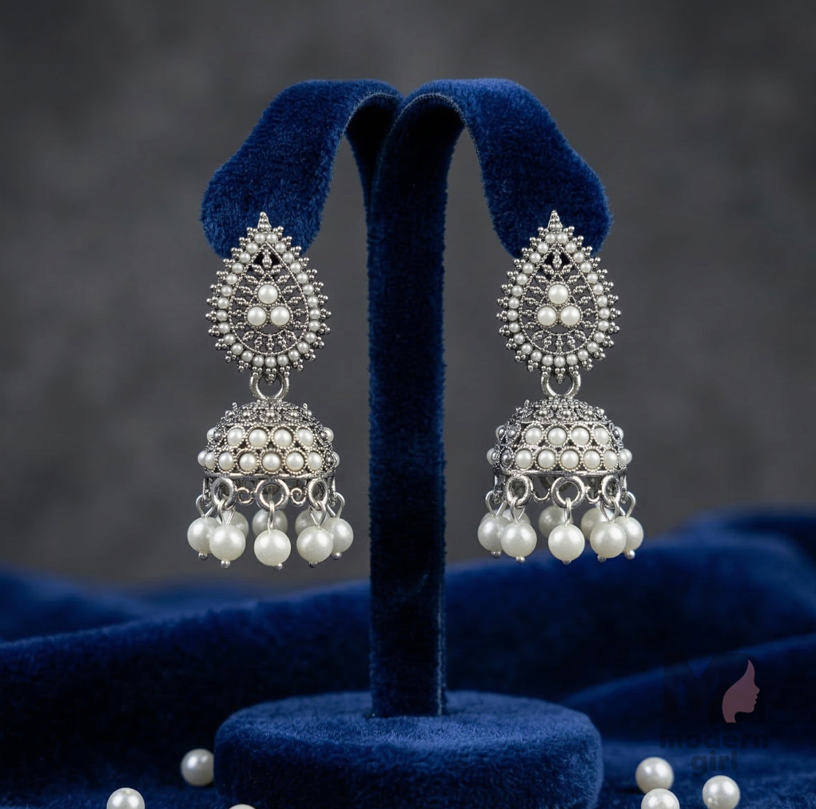 Pearl Studded Oxidized Silver Jhumka Earrings for Women