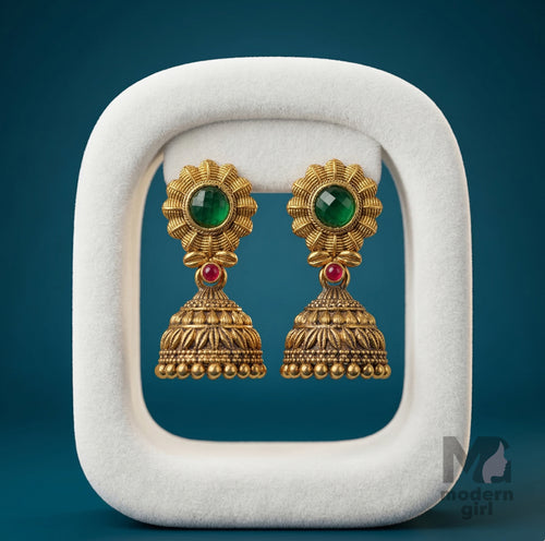 Traditional Temple Jhumka Earrings with Stone Stud | Antique Ethnic Jewelry for Women