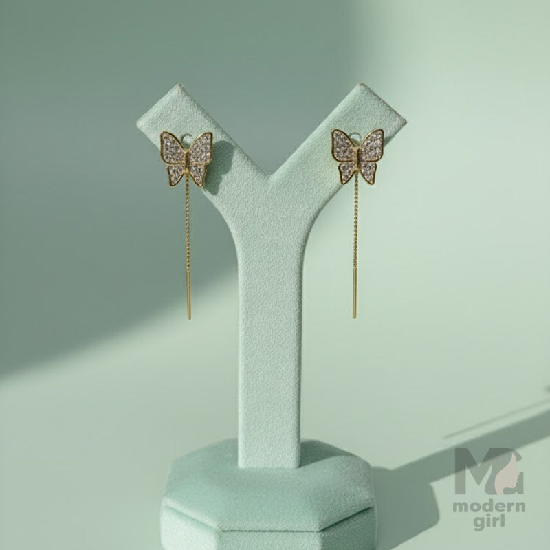 Gold Butterfly Chain Drop Earrings with Crystal Stones