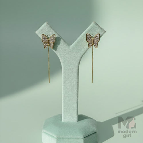 Gold Butterfly Chain Drop Earrings with Crystal Stones