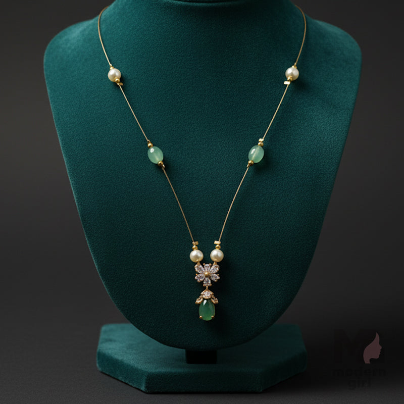 Invisible Chain Necklace with Green Pendant & Pearls