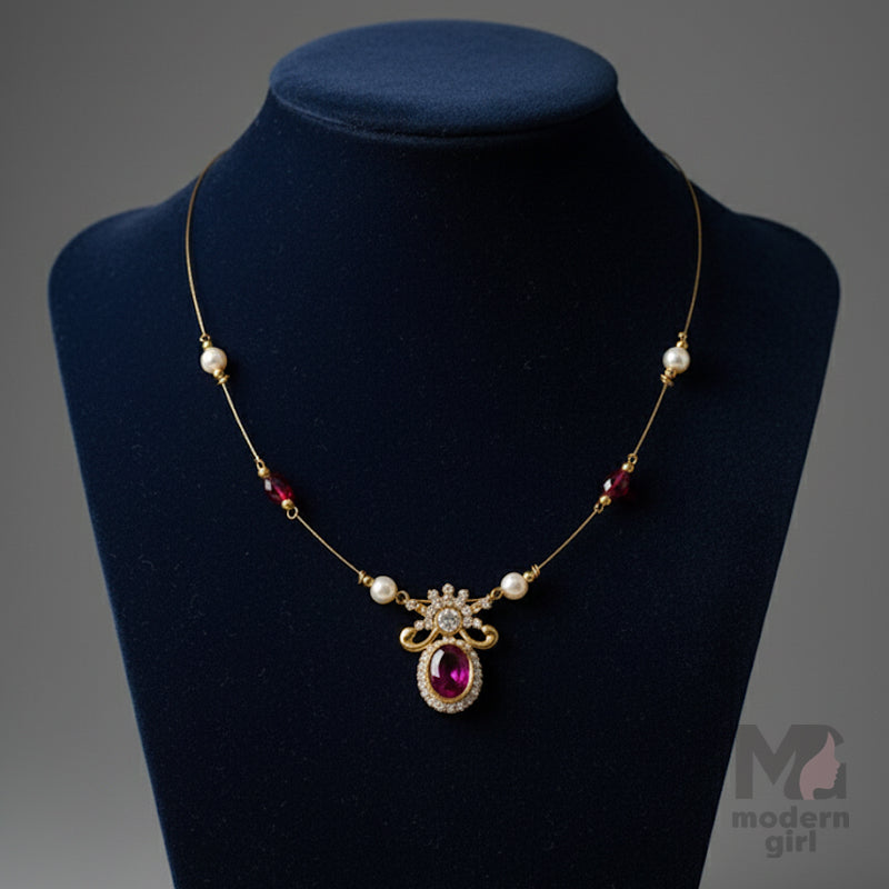 Invisible Chain Ruby Pendant Necklace with Pearls & Stones