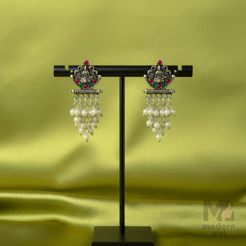 Oxidised Silver Temple Earrings with Red & Green Stones and Pearl Hangings