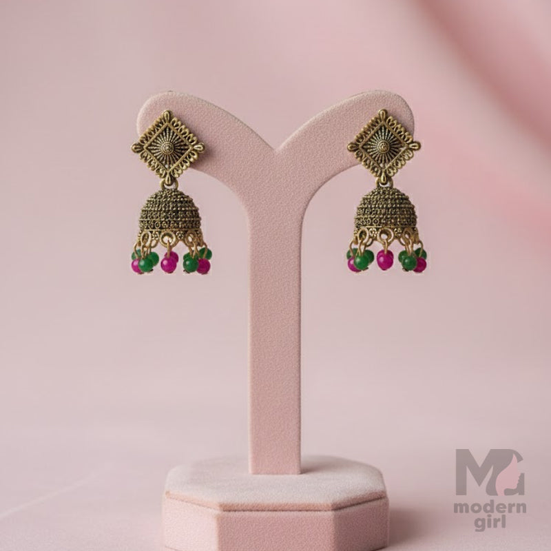Antique Gold Square Top Jhumka with Pink & Green Beads