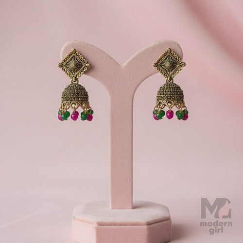 Antique Gold Square Top Jhumka with Pink & Green Beads