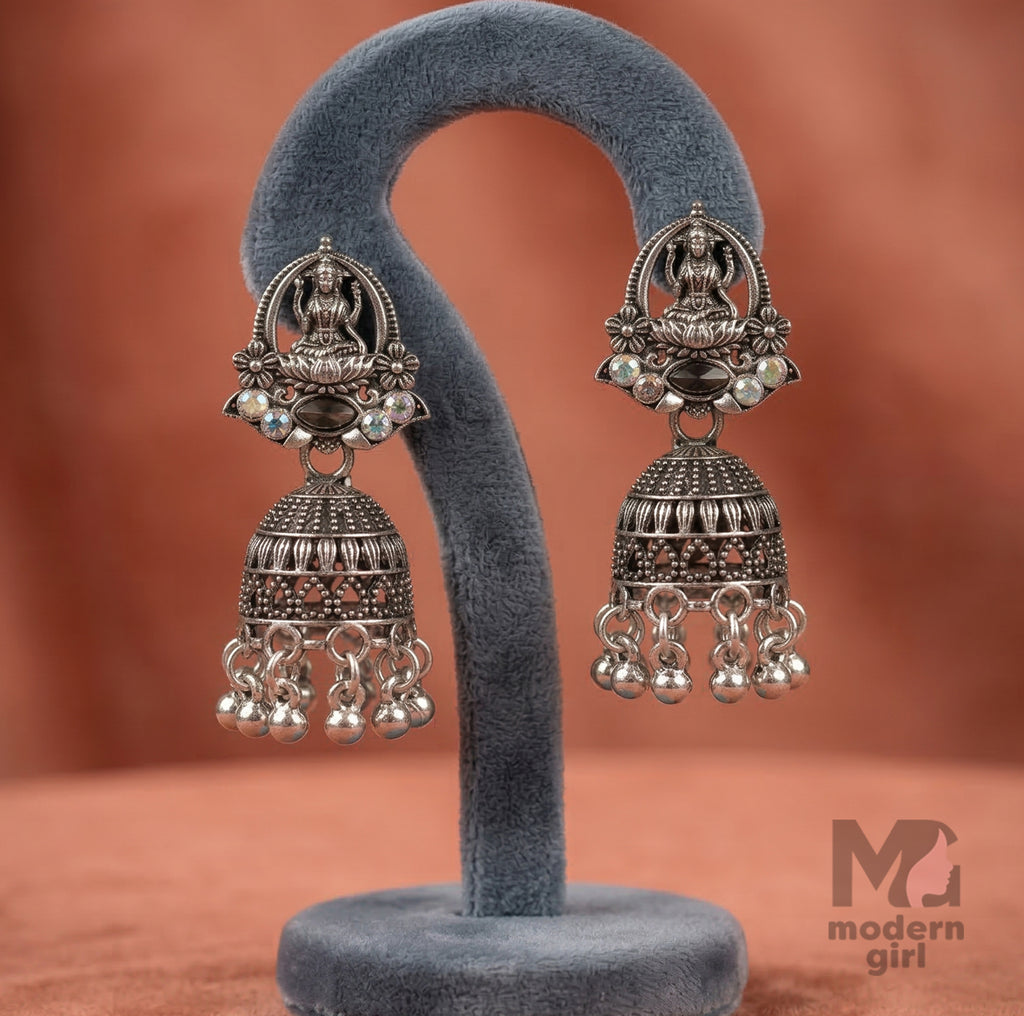 Lakshmi Temple Oxidized Silver Jhumka Earrings for Women