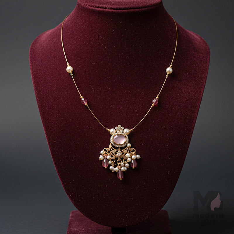 Invisible Chain Necklace with Pink Stone & Pearl Drops