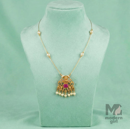 Traditional Lakshmi Pink Stone Pearl Pendant Necklace