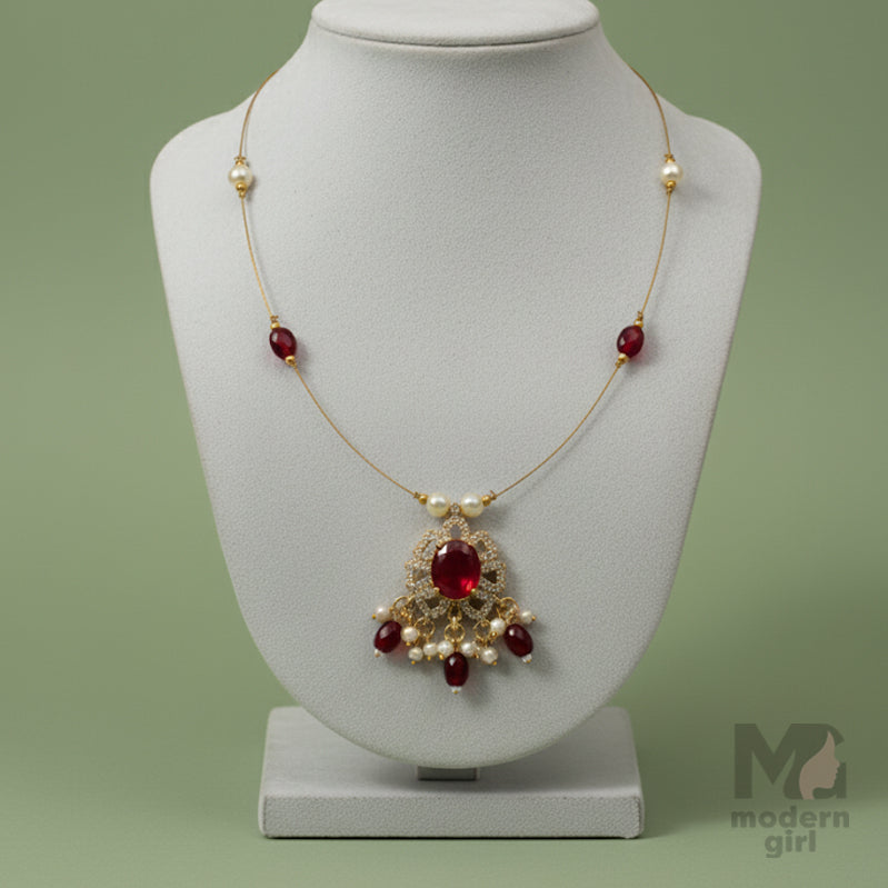 Invisible Chain Necklace with Ruby Pendant & Pearls