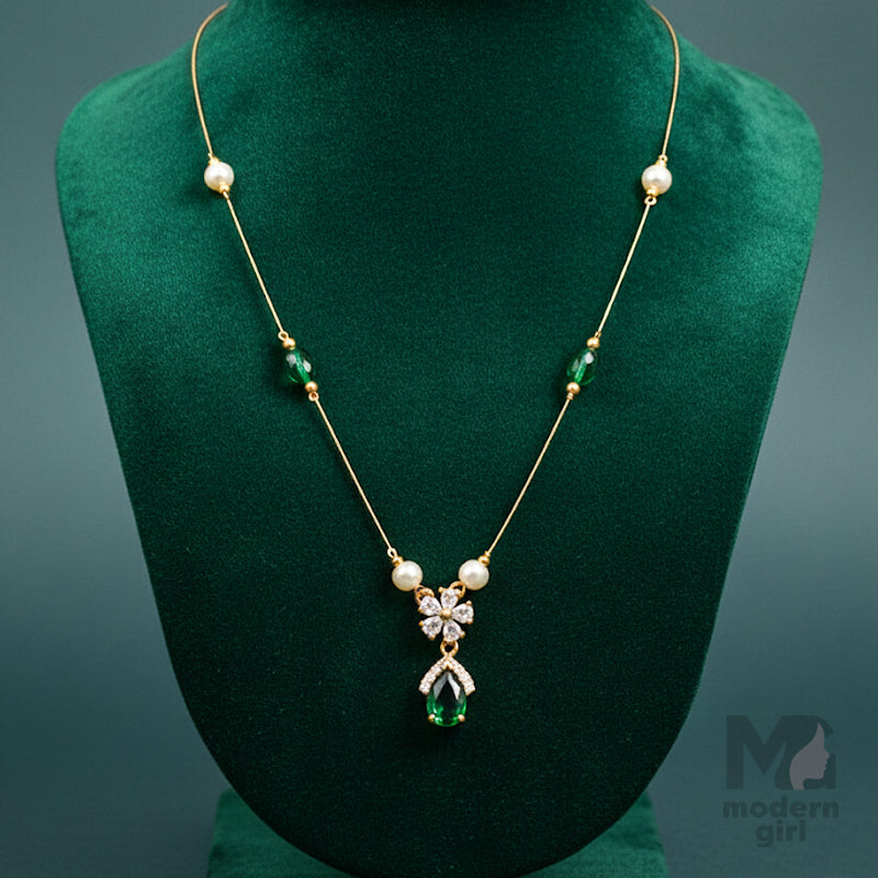 Invisible Chain Necklace with Green Teardrop & Pearls