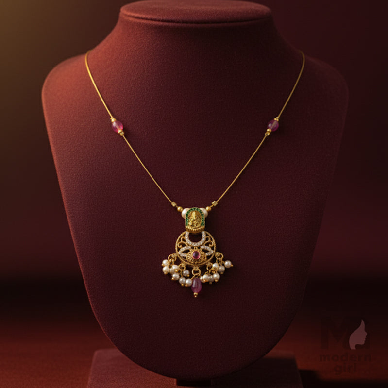 Invisible Chain Temple Necklace with Ruby, Emerald & Pearls