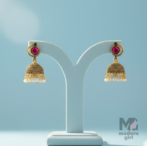 Traditional Gold Jhumka Earrings with Ruby & Green Stone