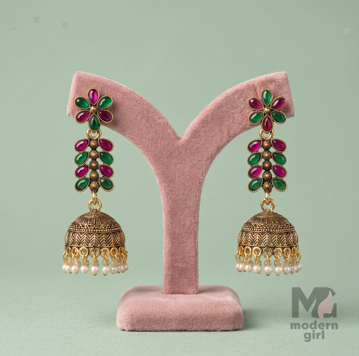 Emerald Ruby Pearl Jhumka Earrings – Antique Floral Ethnic Design