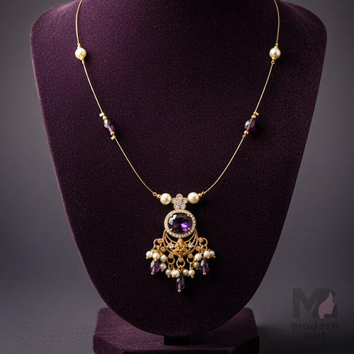 Invisible Chain Necklace with Purple Stone & Pearls