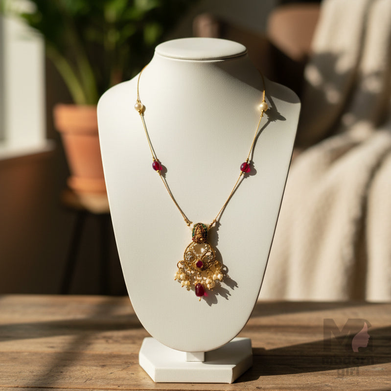 Invisible Chain Temple Necklace with Ruby, Emerald & Pearls
