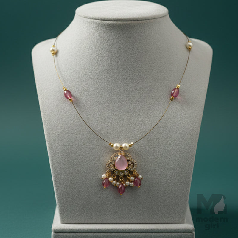 Invisible Chain Necklace with Pink Stone & Pearls