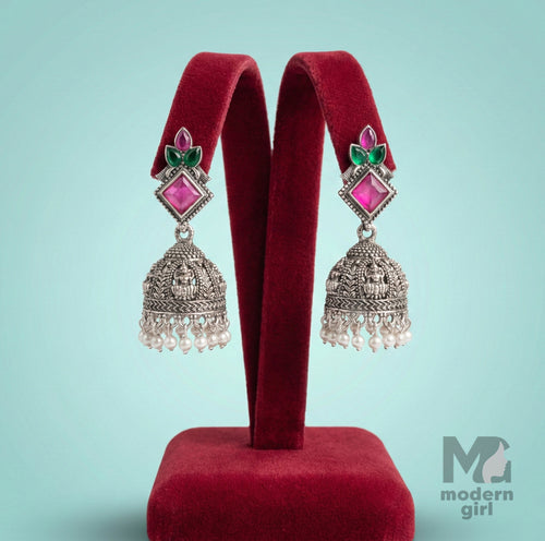 Oxidised Silver Temple Jhumka Earrings with Pink Stone & Pearl Drops