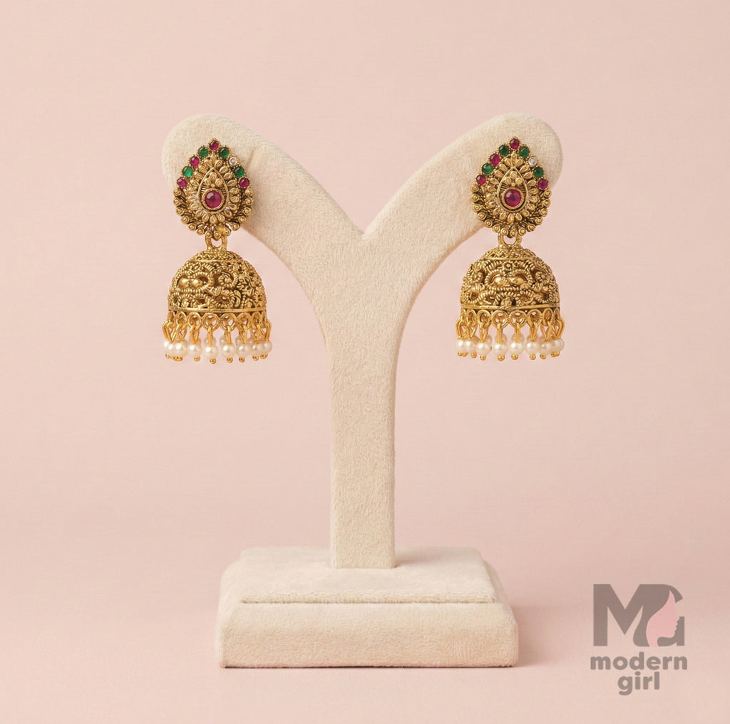 Traditional Temple Antique Jhumka with Pearls