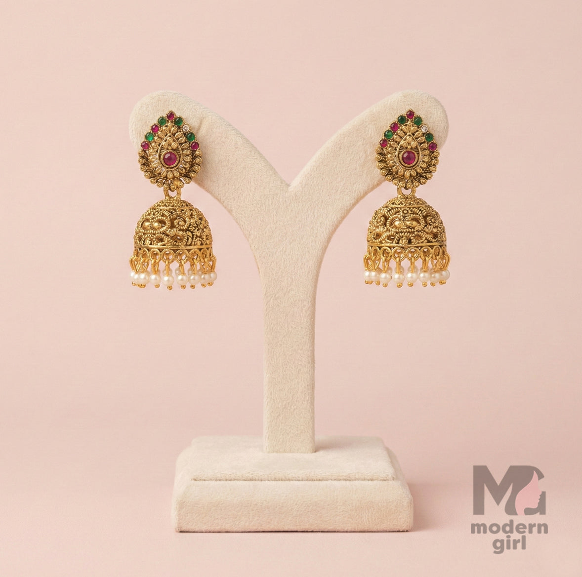 Traditional Temple Antique Jhumka with Pearls