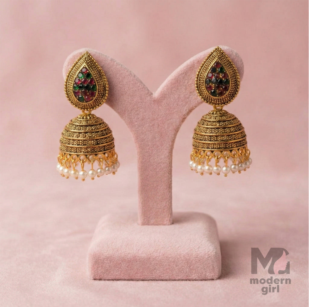 Traditional Gold Jhumka Earrings with Multi Stone