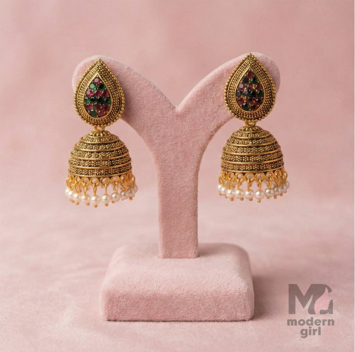 Traditional Gold Jhumka Earrings with Multi Stone