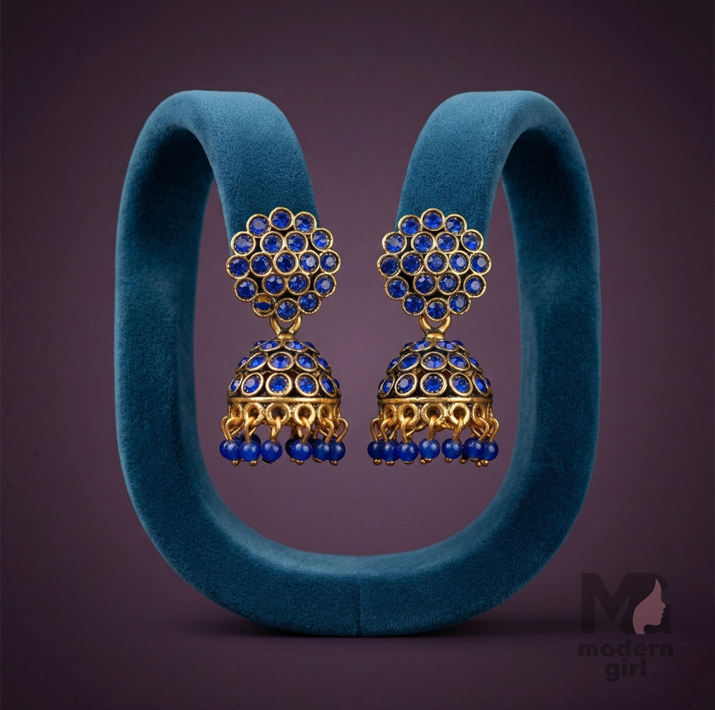 Premium Stone Studded Jhumka Earrings with Bead Drops