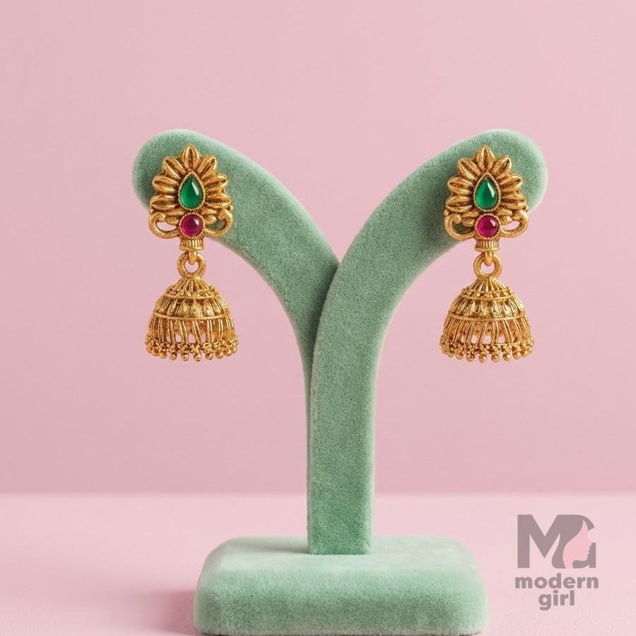 Gold Plated Temple Jhumka Earrings with Green Red Stone