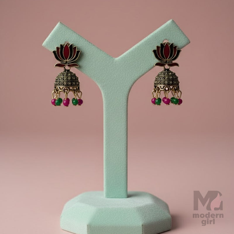 Antique Lotus Top Jhumka with Pink & Green Beads