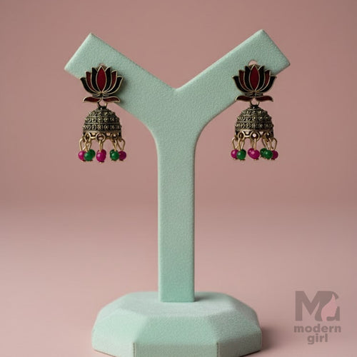 Antique Lotus Top Jhumka with Pink & Green Beads