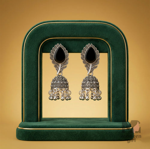 Black Stone Leaf Design Oxidized Silver Jhumka Earrings for Women