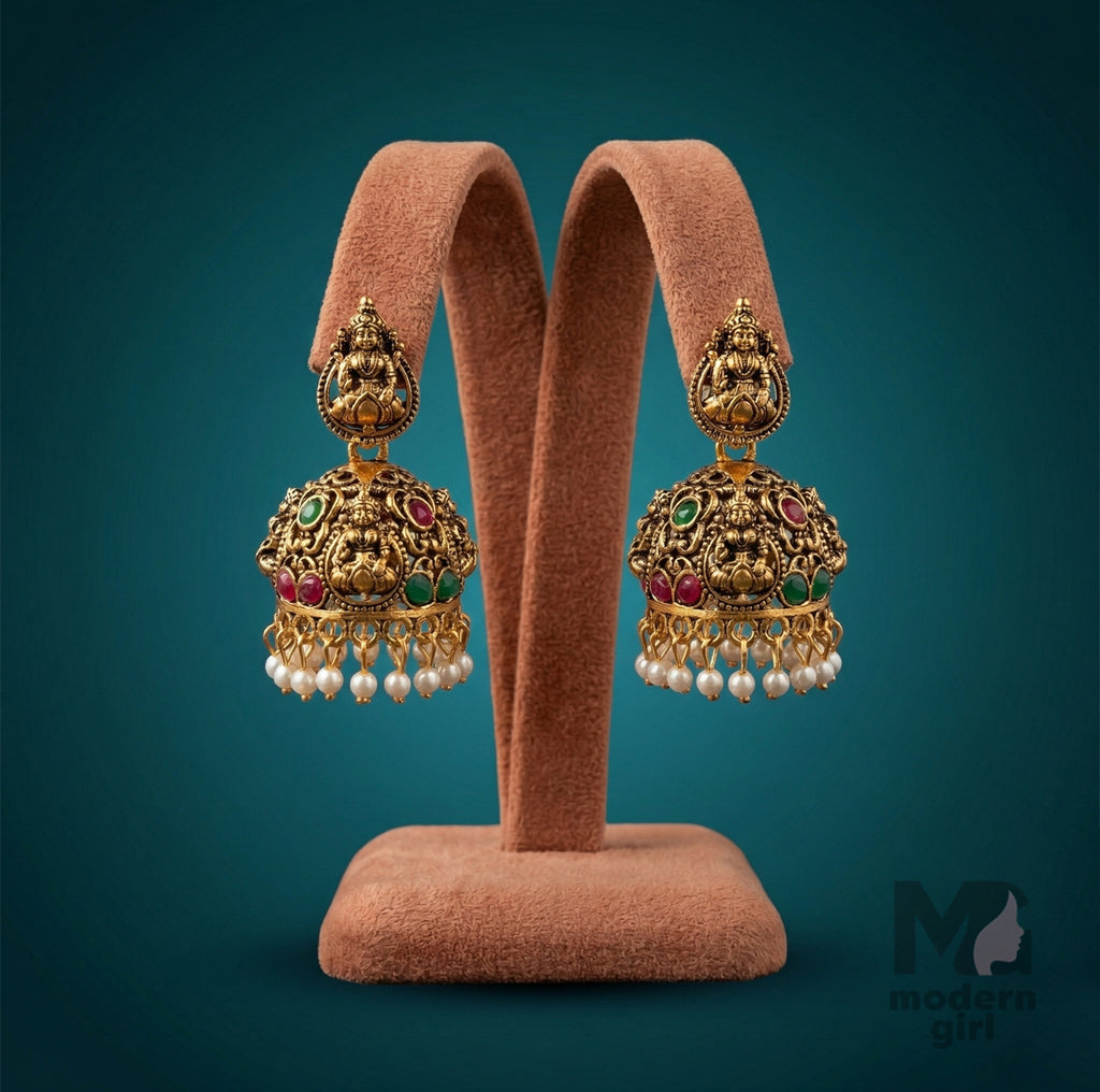 Temple Lakshmi Jhumka Earrings with Pearl Drops